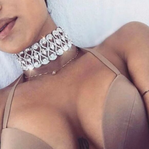 Luxe Chunky Silver Crystal Rhinestone Collar Choker Statement Necklace Jewelry‎